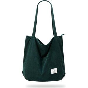 👑Women's Dark Green Corduroy Lightweight Ziped Pocket Classic Foldable Tote Bag